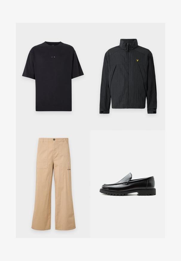Zwarte lichte jas met een gerimpelde textuur, hoge kraag, ritssluiting aan de voorkant en een klein geel logo-accent op de borst.; Oakley RISE TEE - T-shirt basic - blackout; Beige katoenen cargo broek met een wijde pijp, voorpockets en een logo op de achterzak. Lichtgewicht stof met een gladde textuur.; Zwarte leren loafer met dikke rubberen zool, gestikte bovenkant en gegraveerde merknaam op de hiel, zijaanzicht op witte achtergrond.