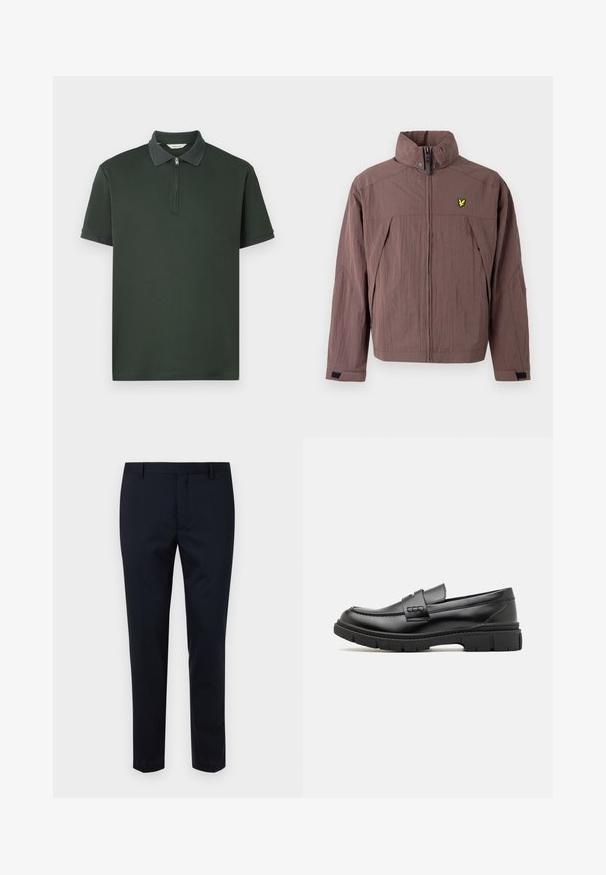 Veste marron à fermeture éclair en tissu texturé, dotée d'un col montant et d'un petit logo jaune sur la poitrine gauche. Comprend des poches latérales.; Polo shirt vert foncé à manches courtes, col zippé et bord de col texturé contrastant. Fabriqué en tissu lisse avec un design minimaliste.; Pantalons tailleur bleu marine foncé en tissu lisse, avec un devant plat, des passants de ceinture et une coupe ajustée. Pas de motifs ni d'accents visibles.; Mocassin en cuir noir avec une large sangle sur le devant, semelle en caoutchouc à épaisse rainure, et texture lisse. Design classique et élégant.