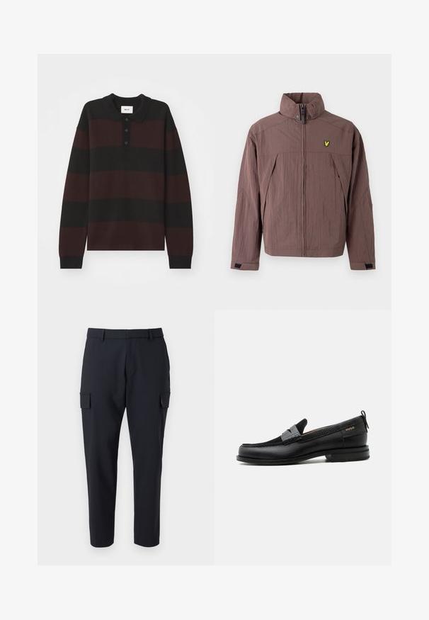 Brun lynlåstrøje lavet af struktureret stof med høj krave og et lille gult logo på venstre bryst. Inkluderer sidelommer.; NN.07 RUGBY - Langærmet T-shirt - black; Mørk navy cargo bukser med lige ben, to sidelommer og et fladt frontdesign. Fremstillet af et letvægtsstof.; Sort læderloafer med grå remdetalje, lav hæl og tekstureret sål, mærket med "HUGO" i guld på siden.