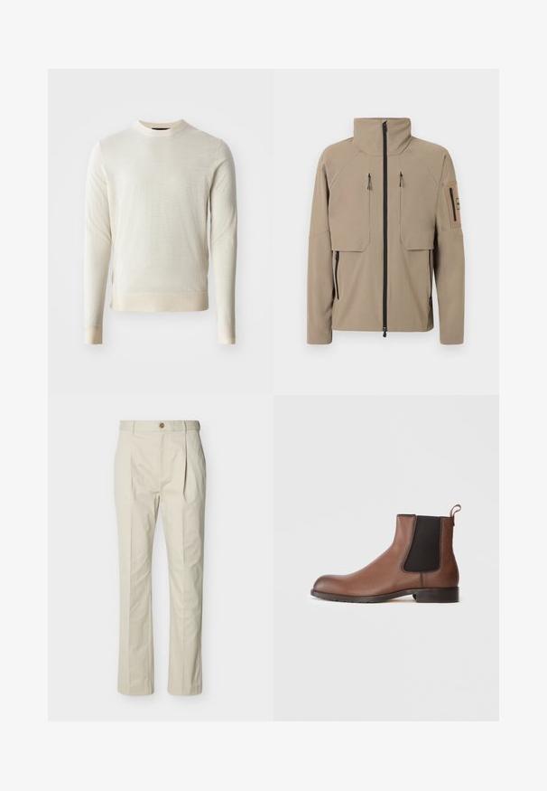 Beige korkeakauluksinen takki, jossa edessä musta vetoketju, kaksi pystysuoraa vetoketjutaskua rinnassa, vetoketjutaskut sivuilla ja vetoketjullinen tasku vasemmassa hihassa.; Vaaleabeige neulepaita, jossa on pitkät hihat ja pyöreä kaula-aukko. Rakenteellinen kangas sileällä pinnalla, jossa on resorireunat ja hihansuut.; Beiget räätälöidyt puuvillaiset housut, joissa on laskokset, nappikiinnitys, suorat lahkeet ja sileä pinta.; Ruskeat nahkaiset Chelsea-saappaat, joissa on teksturoitu pinta, elastiset sivupaneelit ja vetotanko. Varustettu kumipohjalla, joka tarjoaa pitoa.