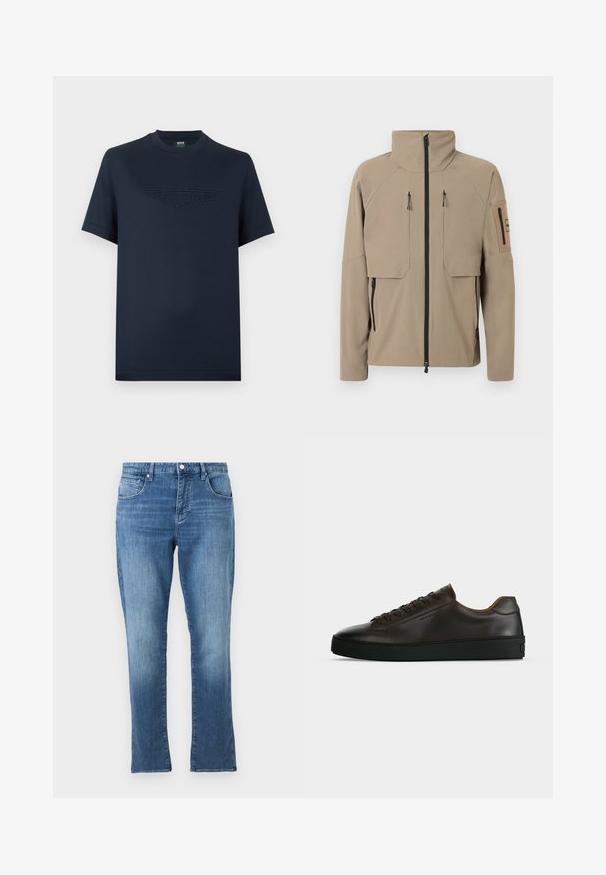 Veste beige à col montant avec fermeture éclair noire à l'avant, deux poches verticales zippées sur la poitrine, poches zippées sur les côtés et poche zippée sur la manche gauche.; T-shirt en coton bleu marine à manches courtes, avec un logo ailé Aston Martin texturé sur le devant. Col rond classique, coupe décontractée.; Jean en denim bleu avec une coupe droite, fermeture avant par bouton et fermeture éclair, et conception à cinq poches, présenté sur un fond uni clair.; Baskets basses en cuir marron foncé avec semelle en caoutchouc noire, lacets à l'avant et design minimaliste épuré sur fond clair.