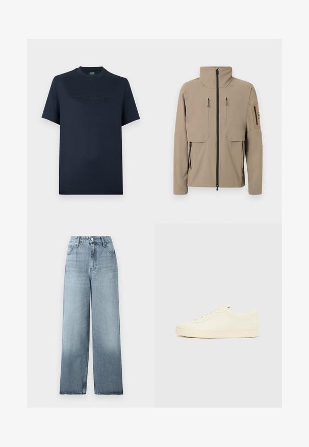 Veste beige à col montant avec fermeture éclair noire à l'avant, deux poches verticales zippées sur la poitrine, poches zippées sur les côtés et poche zippée sur la manche gauche.; T-shirt en coton bleu marine à manches courtes, avec un logo ailé Aston Martin texturé sur le devant. Col rond classique, coupe décontractée.; Jean bleu clair taille haute, jambes larges, avec fermeture à boutons et fermeture éclair, poches avant et passants pour ceinture sur un fond uni.; Baskets couleur crème avec une tige en cuir lisse, bout arrondi, laçage à l'avant et semelle en caoutchouc texturée. Design minimaliste, sans logo.
