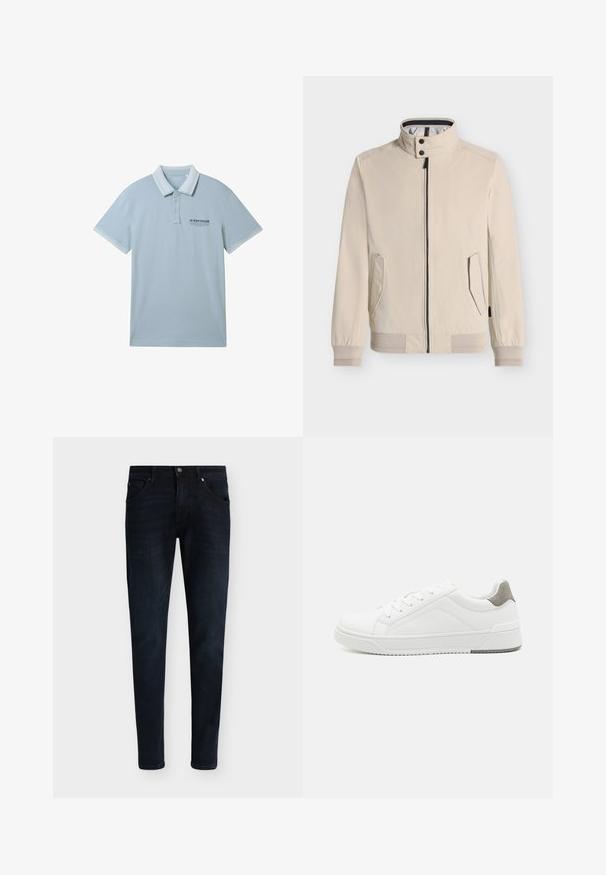 Beige Jacke mit hohem Kragen, Reißverschluss, zwei Seitentaschen, gerippten Bündchen und Saum, mit gestreiftem Innenfutter.; Hellblaues Poloshirt aus weichem Material, mit einem Kragen, zwei Knöpfen und kontrastierendem weißen Besatz an den Ärmeln und dem Kragen.; Dunkelblaue Slim-Fit-Jeans mit vorderen und hinteren Taschen, Knopfverschluss und sichtbaren Nähten, dargestellt auf einem schlichten hellen Hintergrund.; Weißer Sneaker aus glattem Leder, runde Zehenpartie, minimalistisches Design, graue Fersenkante und strukturierte Gummisohle.