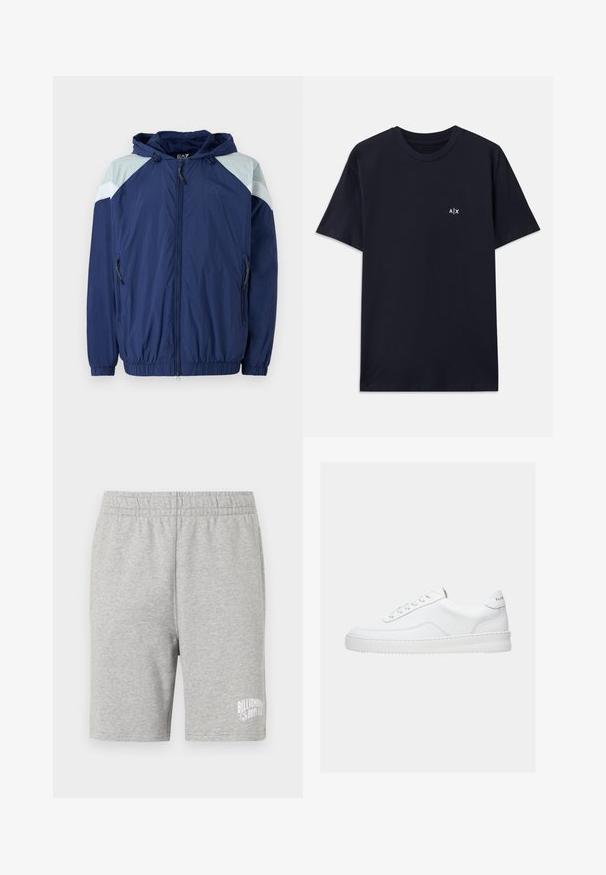 Marine windbreaker jack met lichtblauwe accenten, elastische manchetten, verstelbare capuchon en ritszakken; heeft een gestructureerd, lichtgewicht materiaal.; Navyblauwe katoenen t-shirt met korte mouwen en een ronde hals. Heeft een klein wit "A|X" logo op de linkerkant van de borst.; Grijze katoenen shorts met een elastische tailleband en een wit logo aan de onderzijde rechts. Zachte textuur, knielange pasvorm.; Witte lage sneaker met vetersluiting, glad leren bovenwerk en dikke zool, gezien vanuit de zijkant tegen een effen achtergrond.