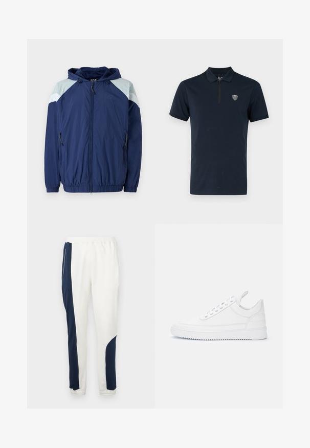 Chaqueta cortavientos de color navy con acentos en azul claro, puños elásticos, capucha ajustable y bolsillos con cremallera; presenta un material texturizado y ligero.; Polo de color navy con mangas cortas, cuello con cremallera y un pequeño logo bordado en el pecho. Tela suave y ligera.; Pantalones de chándal blancos con paneles laterales en azul marino y puños elásticos, fabricados en un tejido suave con una textura lisa y una cintura con cordón.; Zapatilla blanca de caña baja con cierre de cordones, detalles cosidos, lengüeta en el talón y suela acanalada sobre un fondo claro liso.