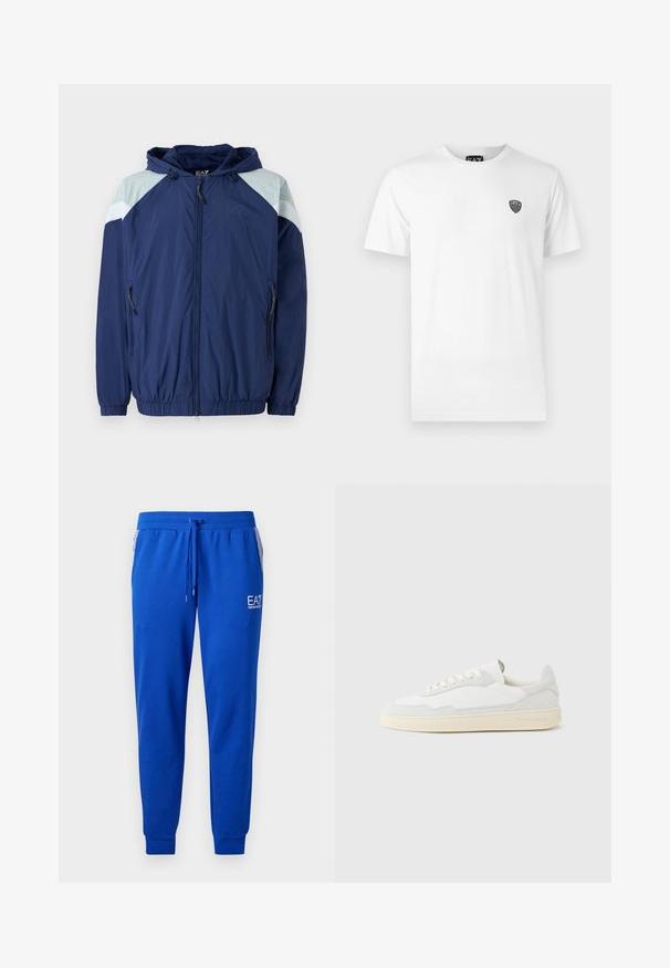 Veste coupe-vent marine avec des accents bleu clair, des poignets élastiques, une capuche ajustable et des poches zippées ; fabriquée dans un matériau texturé et léger.; T-shirt en coton blanc à manches courtes, avec un petit logo noir sur la zone de la poitrine gauche. Design classique à col rond.; Pantalons de survêtement bleus en tissu doux avec une taille élastique et un cordon de serrage. Présente un logo sur la jambe et des poches latérales rayées.; Baskets blanches avec dessus en daim et cuir texturé. Caractérisées par un bout arrondi, une fermeture à lacets et une semelle en caoutchouc beige contrastante.