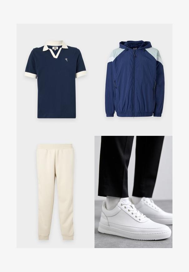 Marinefarbene Windbreaker-Jacke mit hellblauen Akzenten, elastischen Bündchen, verstellbarer Kapuze und Reißverschlusstaschen; aus einem strukturierten, leichten Material gefertigt.; Marineblaues Poloshirt aus Baumwolle mit einem kontrastierenden weißen Kragen und Ärmelbündchen sowie einem kleinen gestickten Design auf der Brust.; Helle beige Sweatpants aus weichem Stoff mit taillierter Passform, elastischem Bund und Bündchen an den Knöcheln. Keine sichtbaren Muster oder Akzente.; Weiße Leder-Sneaker mit flacher Gummisohle, ausgestattet mit einer glatten Oberfläche, runder Zehenpartie und Metallösen für die Schnürsenkel. Getragen mit schwarzen Hosen.
