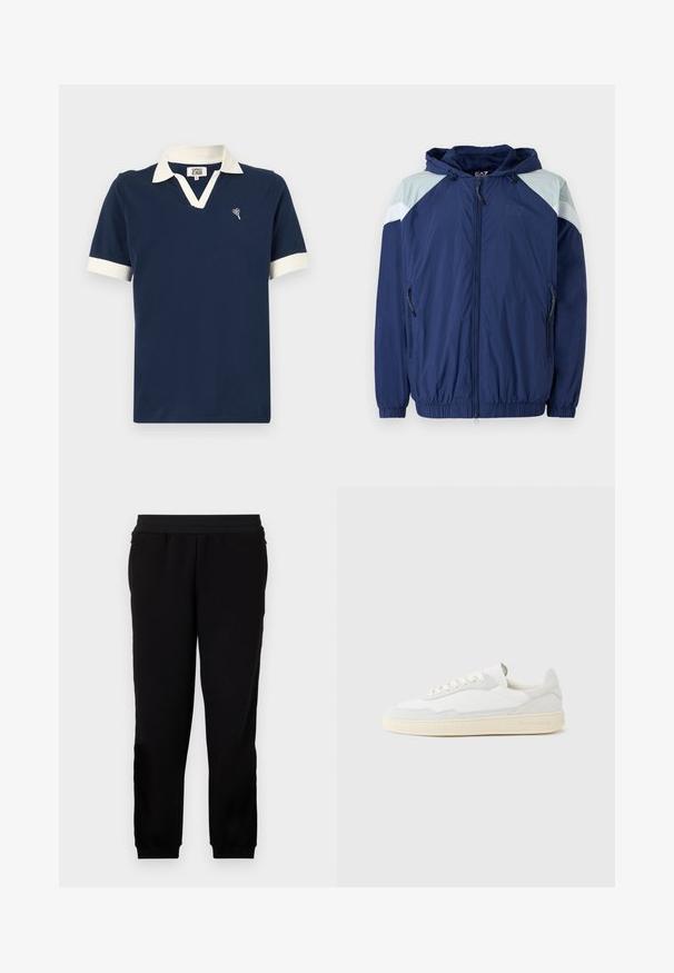 Marinefarbene Windbreaker-Jacke mit hellblauen Akzenten, elastischen Bündchen, verstellbarer Kapuze und Reißverschlusstaschen; aus einem strukturierten, leichten Material gefertigt.; Marineblaues Poloshirt aus Baumwolle mit einem kontrastierenden weißen Kragen und Ärmelbündchen sowie einem kleinen gestickten Design auf der Brust.; Schwarze Sweatpants aus einem weichen Material, mit elastischem Bund, eng anliegenden Bündchen und Seitentaschen für zusätzlichen Komfort.; Weißer Sneaker mit strukturiertem Obermaterial aus Wildleder und Leder. Verfügt über eine runde Zehenpartie, Schnürverschluss und eine kontrastierende beige Gummisohle.