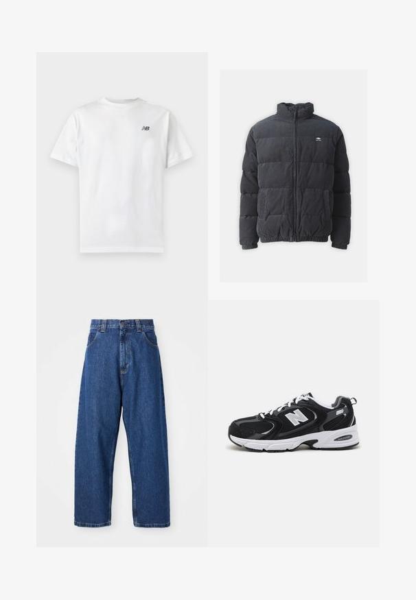 Rip Curl RINCON PUFFER JACKET - Winterjas - washed black; Witte T-shirt met korte mouwen en ronde hals met een klein zwart New Balance-logo op de linker bovenkant van de borst op een effen lichte achtergrond.; Denim wijde broek in donkerblauw. Kenmerken zijn een hoge taille, riemlussen en een klassiek vijf-pocket ontwerp. Gestikte zoom met een schone afwerking.; Zwarte en grijze sport schoenen met een bovenwerk van mesh en suede, voorzien van een witte tussenzool, veters en een gedurfde "N"-logo aan de zijkant.