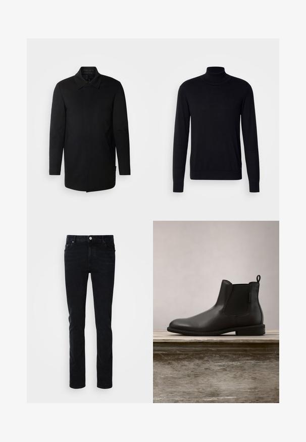 INDICODE JEANS Kurzmantel - black; Schwarzer Rollkragenpullover aus weichem Stoff. Mit langen Ärmeln, geripptem Kragen und Bündchen, hat eine glatte Textur und keine Muster.; Schwarze Denim-Jeans mit einer schmalen Passform, ausgestattet mit einer Vordertasche, Gürtelschlaufen und einem Knopfverschluss. Glatte Textur, minimalistisches Design.; Schwarze Leder-Stiefelette mit glatter Textur, gerundetem Zehenbereich, elastischen seitlichen Einsätzen und einer Zuglasche, auf einer Holzoberfläche platziert.