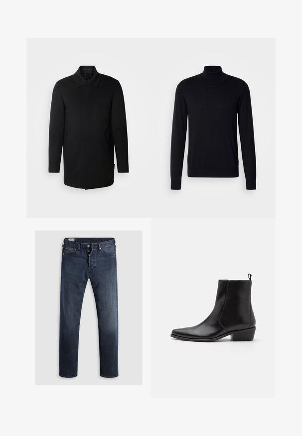INDICODE JEANS Lühike jakk - black; Must kardigan pehmest kangast. Omab pikki varrukaid, soonikkoelust ja -ääriseid, sile tekstuur ning pole mingeid mustreid.; Tumed sinised teksad sirge jala lõikega, mis on varustatud tõmbluku ja metallnuppudega ning vasksete nupuvajutustega. Sile tekstuur, nähtavaid mustreid pole.; Zign by Zalando LEATHER - Kauboi/mootorratturi poolsaapad - black