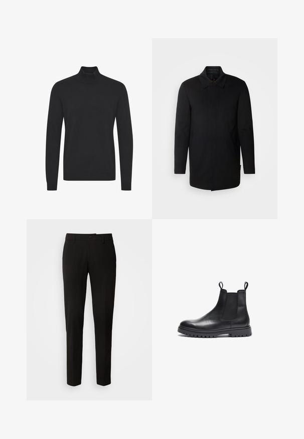 INDICODE JEANS Krátky kabát - black; Čierny rolák vyrobený z hladkého materiálu, ktorý má dlhé rukávy a rebrované manžety a lem. Jednoduchý, neozdobený dizajn.; Čierne nohavice s rovnou nohavicou, s klopacím uzáverom, pútkom na opasok a hladkou textúrou látky. Žiadne viditeľné vzory ani akcenty.; Čierne kožené Chelsea čižmy s textúrovaným povrchom, so štrbinovými bočnými panelmi a úchytmi. Sú vybavené robustnou gumovou podrážkou s dezénom.