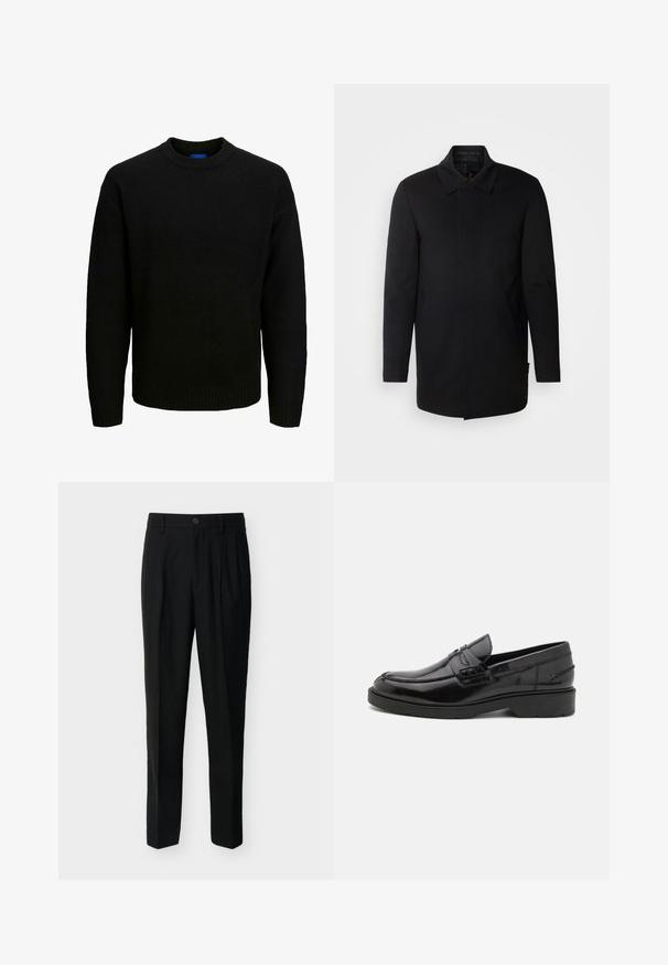 INDICODE JEANS Κοντό παλτό - black; Μαύρο πλεκτό πουλόβερ με λαιμόκοψη, μακριά μανίκια και ριμπά περιθώρια στον γιακά και το τελείωμα. Μαλακή υφή, άνετη εφαρμογή.; Μαύρο παντελόνι ραμμένο με ψηλή μέση, θηλιές για ζώνη, πιέτες μπροστά, πλαϊνές τσέπες και κλείσιμο με κουμπί και φερμουάρ.; Μαύρα δερμάτινα loafers με λεία επιφάνεια, στρογγυλή μύτη, χαμηλό τακούνι και διακοσμητικό ράψιμο μπροστά. Εξωτερική σόλα από καουτσούκ για πρόσφυση.