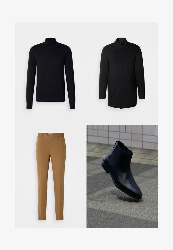 INDICODE JEANS Manteau court - black; Pull à col montant noir en tissu doux. Doté de manches longues, d'un col et de poignets côtelés, avec une texture lisse et sans motifs.; Pantalons marron ajustés avec une coupe droite, dotés d'une fermeture éclair à l'avant, d'une fermeture à bouton et de deux poches latérales pour plus de fonctionnalité.; Bottine Chelsea en cuir noir avec panneaux latéraux élastiques affichée au-dessus d’un pavé gris et d’un mur carrelé en arrière-plan.