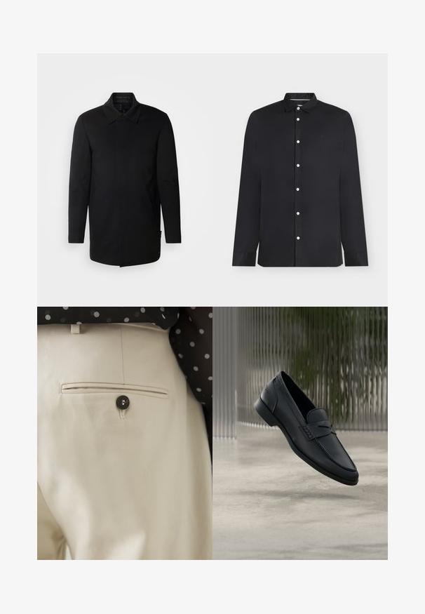 INDICODE JEANS Krátky kabát - black; Čierna košeľa s dlhým rukávom na gombíky s bielymi gombíkmi a malým vyšívaným logom na ľavom hrudníku, zobrazená na bielom pozadí.; Béžové nohavice s textúrovanou látkou, ktoré majú zadné vrecko uzatvárané čiernym gombíkom. Jemné švy zdobia okraje vrecka.; Čierne kožené mokasíny s hladkým povrchom, špicatou špičkou a prešívaným detailom na priehlavku. Nízky podpätok a minimalistický dizajn.