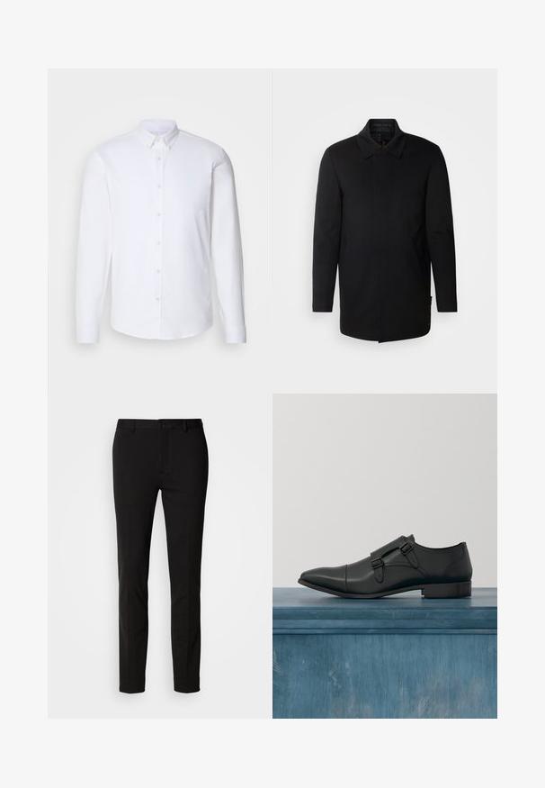 INDICODE JEANS Pitkä takki - black; Valkoinen pitkähihainen nappipaita, joka on valmistettu sileästä kankaasta. Paidassa on klassinen kaulus, kahdeksan nappia edessä ja tavalliset hihansuut.; Mustat housut slim fit -mallilla, joissa on nappikiinnitys ja vyölenkit. Valmistettu sileästä kankaasta, jossa on kevyt kiilto, ei näkyviä kuvioita.; Musta nahkainen kaksoismunkki-mokkanen jalkine leijuu vaalean halkeillut lattiapinnan ylle, taustalla epätarkkoja kasveja ja aaltopeltiseinää.