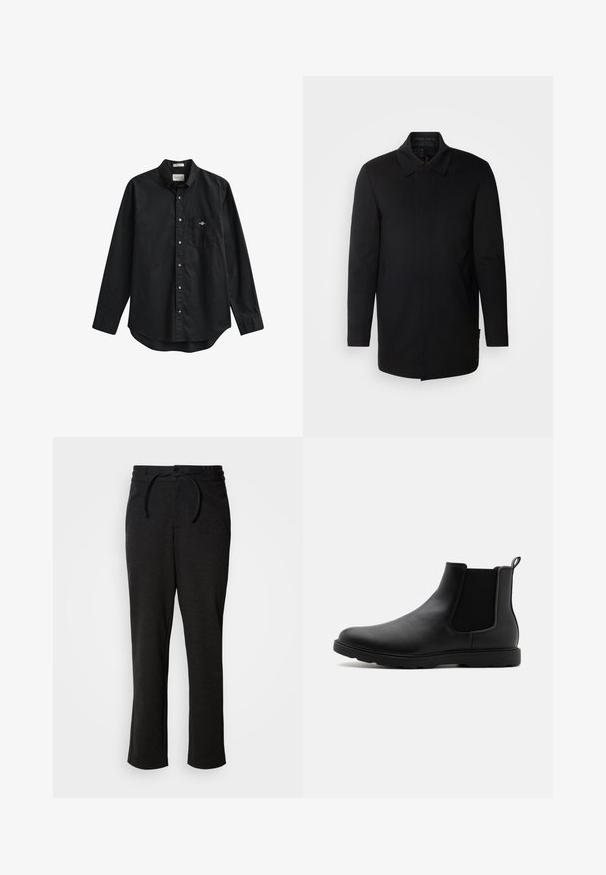 INDICODE JEANS Manteau court - black; Chemise noire à manches longues avec boutons, col et poche poitrine comportant un petit logo brodé sur la poche.; Pantalons en tricot noirs avec un waistband à cordon de serrage, coupe droite et poches latérales. Texture douce avec une finition lisse.; Bottine Chelsea en cuir noir avec des panneaux latéraux en élasthanne, une languette et une semelle en caoutchouc durable. Texture lisse et design épuré.