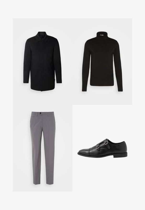 INDICODE JEANS Halflange jas - black; Zwarte coltrui met lange mouwen, gemaakt van een gladde stof met een aansluitend ontwerp en een hoge, strakke kraag. Geen patronen of accenten zichtbaar.; Grijze op maat gemaakte broeken met een gladde textuur, rechte pijpen, sluiting met één knop en voorzakken. Geen zichtbare patronen of accenten.; Zwarte leren monniksschoen met twee zilveren gespen, ontwerp met teenkap, ronde neus en een lage rubberen zool. Glad textuur, elegante silo.