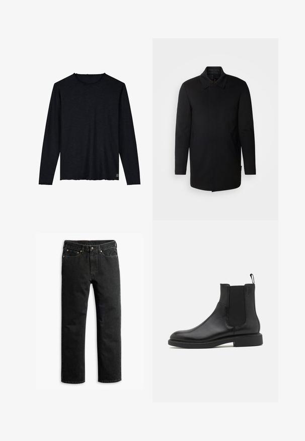 INDICODE JEANS Κοντό παλτό - black; Μαύρο πουκάμισο μακρυμάνικο φτιαγμένο από μαλακό ύφασμα με στρογγυλή λαιμόκοψη, διαθέτοντας ακατέργαστο στρίφωμα και διακριτική λογότυπη λεπτομέρεια στην κάτω πλευρά.; Μαύρα τζιν παντελόνια με ίσια γραμμή, πέντε τσέπες, θηλιές για ζώνη και κλείσιμο με κουμπί στη μέση, απλωμένα σε λευκό φόντο.; Μαύρο δερμάτινο μποτάκι αστραγάλου με λεία υφή, ελαστικές πλευρικές πάνελ και λαβή. Στρογγυλή μύτη και επίπεδη ελαστική σόλα με ελάχιστο προφίλ.
