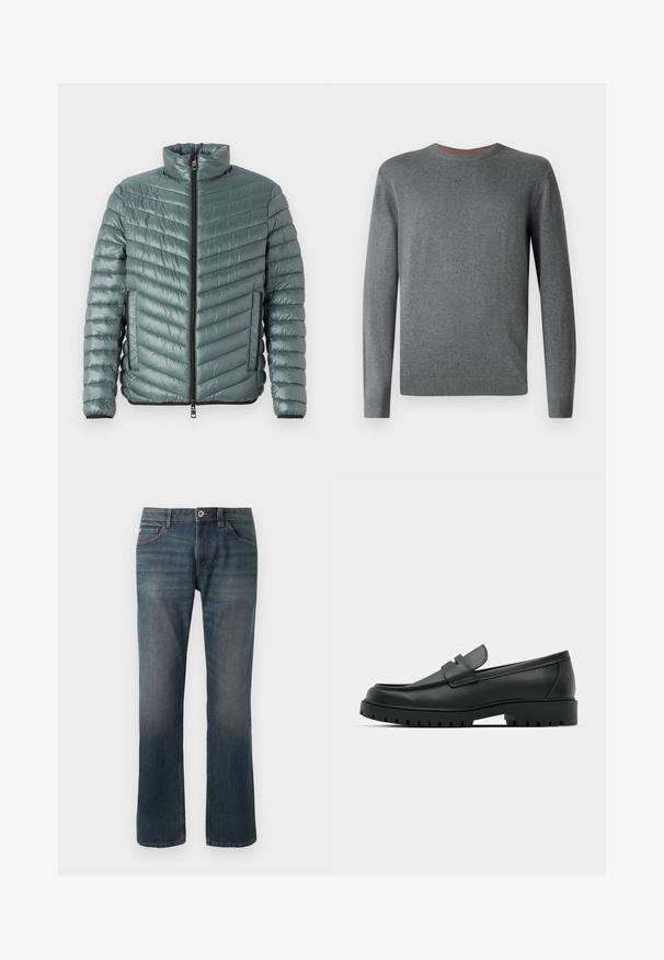 TOM TAILOR LIGHTWEIGHT JACKET - Ľahká bunda - washed jasper green; TOM TAILOR BASIC CREWNECK - Svetrík - classic dark grey melange; Tmavomodré džínsy s rovnými nohavicami. Medzi vlastnosti patrí päť vreciek, kontrastné švy a zapínanie na gombík a zips vpredu.; Čierne kožené mokasíny s okrúhlou špičkou, s prešitým dizajnom, nízkou platformou a textúrovanou, zúbkovanou gumovou podrážkou.