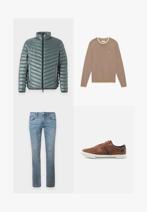 TOM TAILOR LIGHTWEIGHT JACKET - Välikausitakki - washed jasper green; Ruskea neulepaita, jossa on kermavärinen ribbireunus kauluksessa ja hihoissa, sekä pieni valkoinen lintulogo vasemmassa rintamuksessa. Pitkät hihat, klassinen malli.; Vaaleansiniset farkut suoranlahkeisella muotoilulla, valmistettu denimestä. Ominaisuuksiin kuuluvat tavalliset taskut, vyölenkit ja hienovarainen kuluminen.; Ruske nahkakengät, joissa on sileä pinta, valkoinen kumipohja, mustia yksityiskohtia ja koristeompeleita sivuilla.