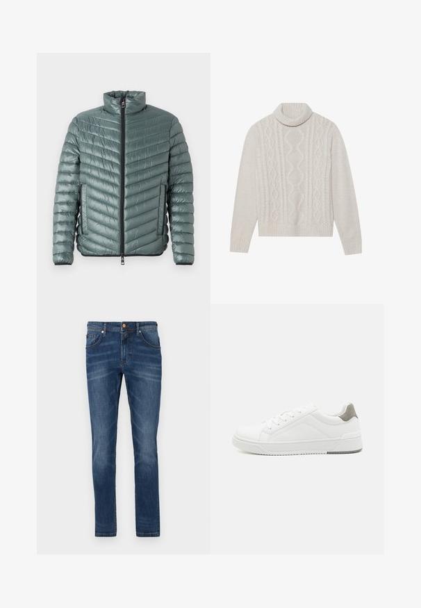 TOM TAILOR LIGHTWEIGHT JACKET - Ľahká bunda - washed jasper green; Svetre krémovej farby s pleteným vzorom a vysokým rebrovaným golierom, s textúrovaným vzorom, rebrovanými manžetami a lemom. Vyrobené z mäkkej zmesi vlny.; Tmavomodré denimové nohavice so strihaním rovného strihu, piatimi vreckami, jemným vyblednutím, kontrastným šitím a zapínaním na gombík v páse.; Biele tenisky z hladkej koženej tkaniny, zaoblenou špičkou, minimalistickým dizajnom, sivým akcentom na päte a textúrovanou gumovou podrážkou.
