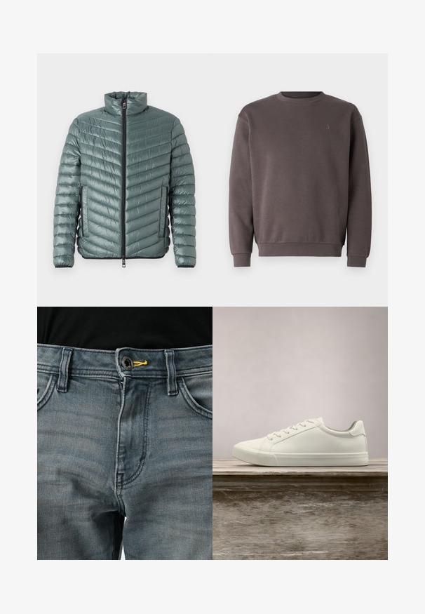 TOM TAILOR LIGHTWEIGHT JACKET - Jas - washed jasper green; Grijs katoenen sweatshirt met een ronde hals, geribde manchetten en zoom. Bevat een klein, ton-sur-ton logo op de borst. Zachte textuur.; Vervaagde blauwe denim jeans met knoopsluiting, gele accenten bij de tailleband en een klassiek vijf-pocket ontwerp. De textuur lijkt zacht en versleten.; Witte vetersneaker die boven een houten bank zweeft met groene bladeren op de achtergrond, waarbij het ontwerp en de textuur van de schoen worden getoond.
