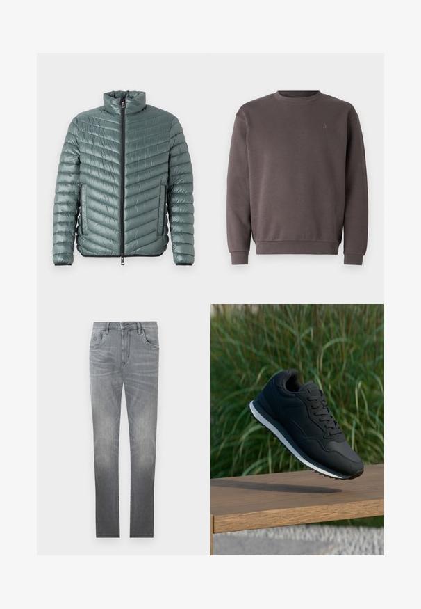 TOM TAILOR LIGHTWEIGHT JACKET - Übergangsjacke - washed jasper green; Grauer Baumwoll-Sweatshirt mit rundem Ausschnitt, gerippten Bündchen und Saum. Mit kleinem, tonal gehaltenem Logo auf der Brust. Weicher Stoff.; Graue Jeans aus Denim mit einem ausgebleichten Design, fünf Taschen, Knopfverschluss und geradem Schnitt. Sanfte Textur mit leichtem Verschleiß an den Kanten.; Schwarzer Sportschuh mit strukturiertem Obermaterial, Schnürdesign und kontrastierender weißer Mittelsohle; in der Luft über einer Holzoberfläche schwebend.
