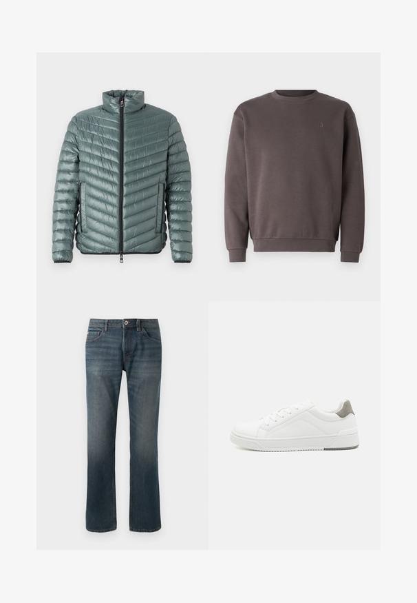 TOM TAILOR LIGHTWEIGHT JACKET - Chaqueta de entretiempo - washed jasper green; Sudadera de algodón gris con escote redondo, puños y dobladillo acanalados. Presenta un pequeño logotipo tonal en el pecho. Textura suave.; Jeans de mezclilla azul oscuro con un diseño de pierna recta. Las características incluyen cinco bolsillos, costuras de contraste y un cierre frontal con botón y cremallera.; Zapatilla blanca con material de cuero liso, punta redonda, diseño minimalista, acento gris en el talón y suela de goma texturizada.