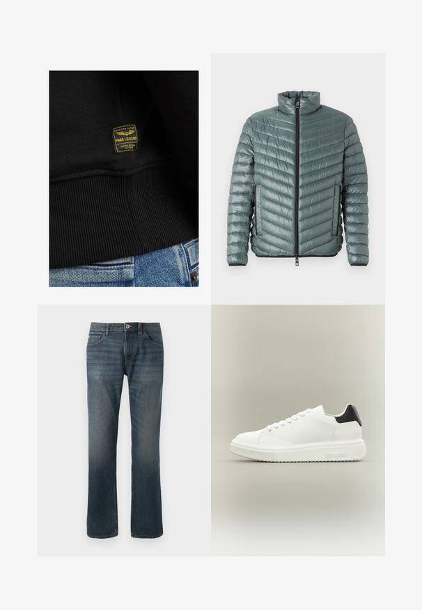 TOM TAILOR LIGHTWEIGHT JACKET - Übergangsjacke - washed jasper green; Schwarzer Pullover mit geripptem Saum und einem gelb-schwarzen Etikett mit der Aufschrift "PME LEGEND", das auf den Stoff genäht ist. Texturiertes Baumwollmaterial.; Dunkelblaue Jeans aus Denim mit geradem Bein. Merkmale sind fünf Taschen, kontrastierende Nähte sowie ein Knopf- und Reißverschluss vorne.; Weißer Low-Top-Sneaker mit dicker Sohle, Schnürung vorne und schwarzer Fersenschlaufe, mit "Steve Madden" an der seitlichen Sohle gebrandet.