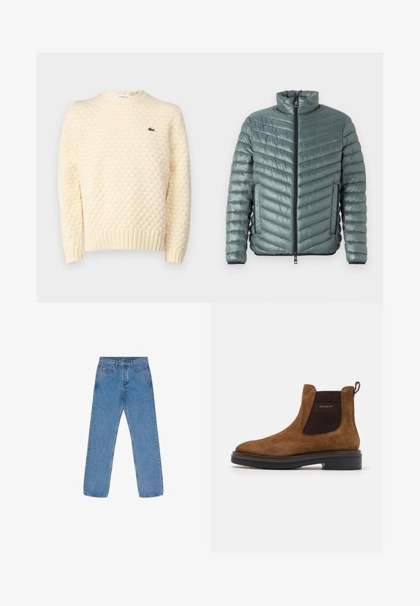 TOM TAILOR LIGHTWEIGHT JACKET - Overgangsjakke - washed jasper green; Cremefarvet striktrøje med et struktureret diamantmønster, ribbede manchetter og kant; inkluderer et lille grønt Lacoste-logo på brystet.; Lyseblå straight-leg jeans i denim. Har fem lommer, kontrastsyning og en knap- og lynlåslukning.; Brune ruskind ankelstøvle med rund tå og elastiske sidepaneler. Har en sort tekstureret accent og en løkke på bagenden. Sort sål.