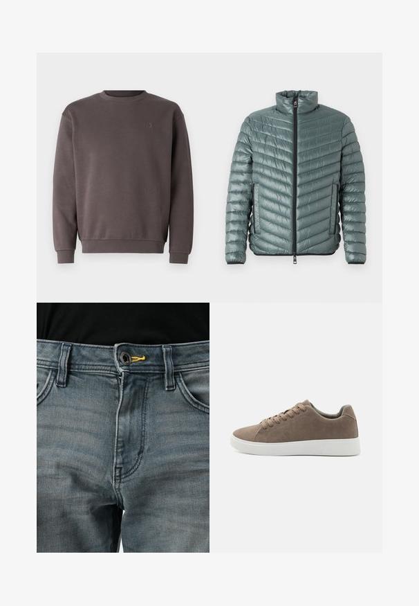 TOM TAILOR LIGHTWEIGHT JACKET - Veste mi-saison - washed jasper green; Sweat-shirt en coton gris avec un col rond, des poignets et un ourlet côtelés. Présente un petit logo ton sur ton sur la poitrine. Texture douce.; Jean en denim bleu délavé avec une fermeture à bouton, accent jaune à la taille et design classique à cinq poches. La texture semble douce et usée.; Baskets en daim marron avec des semelles en caoutchouc blanc plat, design lacé, bout rond et texture lisse. Style minimaliste avec des détails de couture subtils.