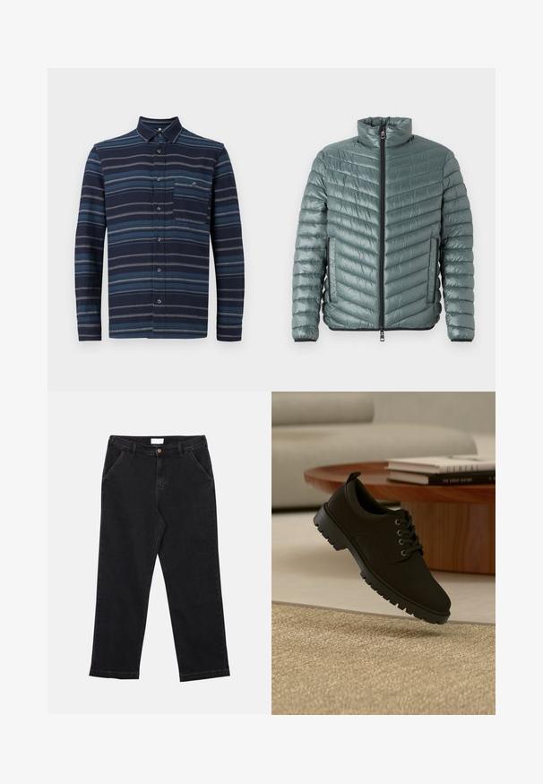 TOM TAILOR LIGHTWEIGHT JACKET - Overgangsjakke - washed jasper green; Langærmet skjorte med knapper, der har en marineblå baggrund med varierende blå vandrette striber, en krave og en brystlomme. Blød tekstur.; Sorte denimbukser med lige skæring, der har knaplukning, fire lommer og en tekstureret stof. Simpelt og alsidigt design.; sort læder snørestøvle med chunky sål svæver over en beige tæppe i en minimalistisk stueindretning