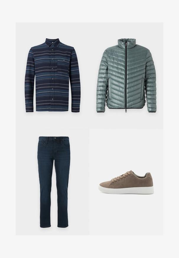 TOM TAILOR LIGHTWEIGHT JACKET - Overgangsjakke - washed jasper green; Langærmet skjorte med knapper, der har en marineblå baggrund med varierende blå vandrette striber, en krave og en brystlomme. Blød tekstur.; Mørkeblå denimjeans med lige ben, der har fem lommer, knaplukning og diskret slidfornemmelse på forsiden.; Brune ruskinds sneakers med flade hvide gummisåler, snørelukning, rund tå og en glat overflade. Minimalistisk stil med diskrete syninger.