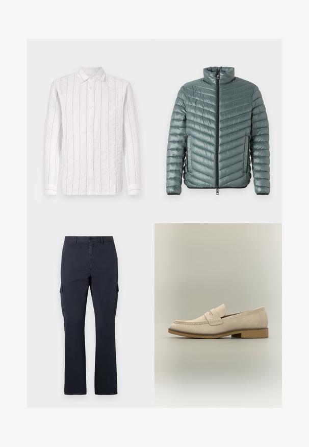 TOM TAILOR LIGHTWEIGHT JACKET - Übergangsjacke - washed jasper green; Weißes Hemd mit Knöpfen aus strukturiertem Stoff, das dünne schwarze vertikale Streifen aufweist, einen klassischen Kragen hat und lange Ärmel mit geknöpften Manschetten besitzt.; Marineblaue Cargo-Hosen aus Baumwollmischung, mit seitlichen Taschen, geradem Schnitt und flacher Vorderseite mit Knopfverschluss.; Hellbeiger Lederloafer mit niedrigem Absatz, Mokassin-Naht und einem Riemendetail über dem Spann, seitlich dargestellt.