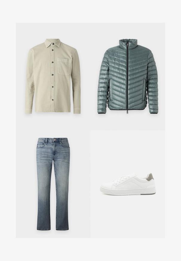 TOM TAILOR LIGHTWEIGHT JACKET - Overgangsjakke - washed jasper green; Langærmet skjorte i lyse beige stof. Har en spids krave, en brystlomme og sorte knapper. Enkel, struktureret design.; Lysvasket denimbukser med lige ben, fem-lomme stil, metalknaplukning og subtile falmede detaljer.; Hvid sneaker lavet af glat læder, rund tå, minimalistisk design, grå hælafsats og tekstureret gummisål.