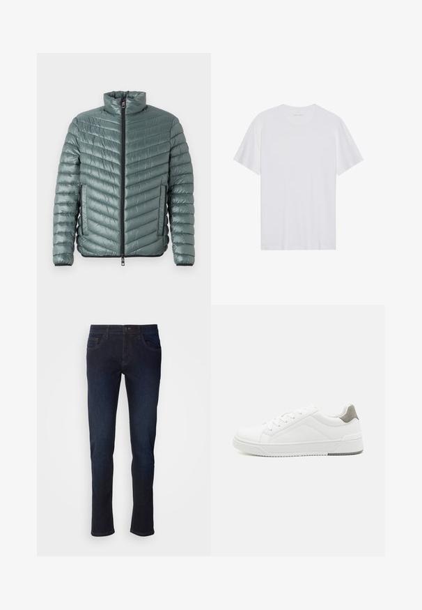 TOM TAILOR LIGHTWEIGHT JACKET - Jas - washed jasper green; Witte katoenen T-shirt met korte mouwen, een ronde hals en een gladde textuur. Heeft minimale branding op de halslijn.; Donkerblauwe denim jeans met een rechte pijp, voorzien van voorzakken, een ritssluiting en subtiele stikdetails.; Witte sneaker van glad leer met een ronde neus, minimalistisch ontwerp, grijze hielaccent en een geplaatste rubberen zool.