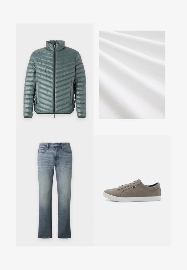 TOM TAILOR LIGHTWEIGHT JACKET - Overgangsjakke - washed jasper green; Bomuldsstof, hvid farve, glat tekstur med subtile folder og krøller. Jævn overflade, let reflekterende, uden mønstre eller accenter.; Lysvasket denimbukser med lige ben, fem-lomme stil, metalknaplukning og subtile falmede detaljer.; Brune kanvas sneakers med rund tå, hvid gummisål og fem snørehuller. Har en lille tri-farvet detalje på siden.