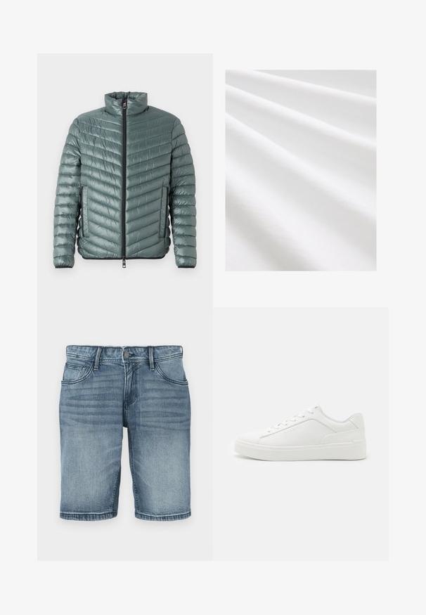 TOM TAILOR LIGHTWEIGHT JACKET - Chaqueta de entretiempo - washed jasper green; Tejido de algodón, color blanco, textura suave con pliegues y arrugas sutiles. Superficie uniforme, ligeramente reflectante, sin patrones ni acentos.; Pantalones cortos de mezclilla en lavado azul claro, con un diseño clásico de cinco bolsillos, detalles de costura y pierna recta con un acabado dobladillo.; Zapatillas blancas de corte bajo, hechas de cuero liso, con puntera redonda, suelas planas y un discreto logo en el lateral.