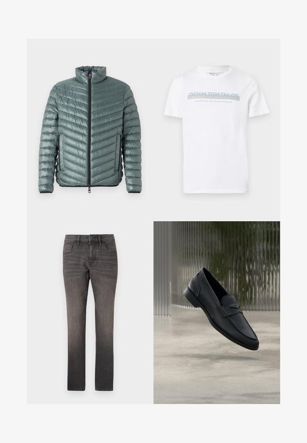 TOM TAILOR LIGHTWEIGHT JACKET - Overgangsjakke - washed jasper green; Hvid bomulds T-shirt med rund halsudskæring, korte ærmer og et blåt grafisk tekstdesign, der siger "DENIM TOM TAILOR etableret 2007."; TOM TAILOR JOSH - Jeans Straight Leg - used dark stone black denim; Sort læderloafer med glat finish, spids tå og sømdetaljer over vristen. Lav hæl og minimalistisk design.