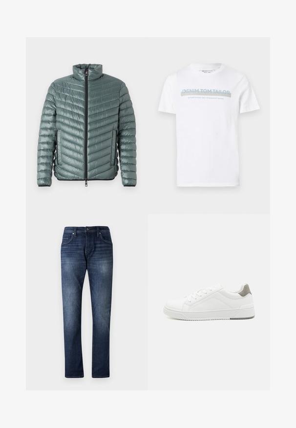 TOM TAILOR LIGHTWEIGHT JACKET - Overgangsjakke - washed jasper green; Hvid bomulds T-shirt med rund halsudskæring, korte ærmer og et blåt grafisk tekstdesign, der siger "DENIM TOM TAILOR etableret 2007."; Mørkeblå denimjeans med lige ben design, der har en falmet vask, fem lommer og synlige stikninger langs sømmene.; Hvid sneaker lavet af glat læder, rund tå, minimalistisk design, grå hælafsats og tekstureret gummisål.
