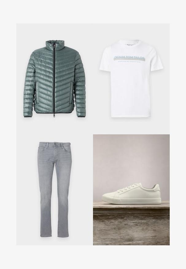 TOM TAILOR LIGHTWEIGHT JACKET - Jas - washed jasper green; Witte katoenen T-shirt met een ronde hals, korte mouwen en een blauw grafisch tekstontwerp met de tekst "DENIM TOM TAILOR opgericht 2007."; Grijze denim jeans met een rechte pijp, voorzien van een sluiting met een knop en rits aan de voorkant, vijf zakken en subtiele vervagingen overal.; Witte vetersneaker die boven een houten bank zweeft met groene bladeren op de achtergrond, waarbij het ontwerp en de textuur van de schoen worden getoond.