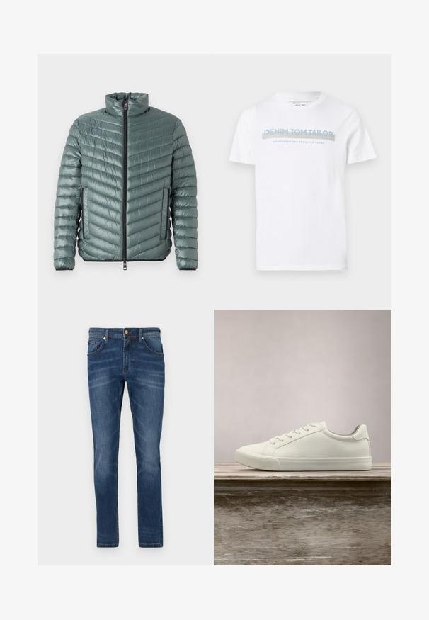 TOM TAILOR LIGHTWEIGHT JACKET - Overgangsjakke - washed jasper green; Hvid bomulds T-shirt med rund halsudskæring, korte ærmer og et blåt grafisk tekstdesign, der siger "DENIM TOM TAILOR etableret 2007."; Mørkeblå denim jeans med lige ben, fem lommer, subtile blegetoner, kontrastsyet og knaplukning i taljen.; Hvide snørresneakers svævende over en træbænk med grønne planter i baggrunden, der fremhæver skodesign og tekstur.