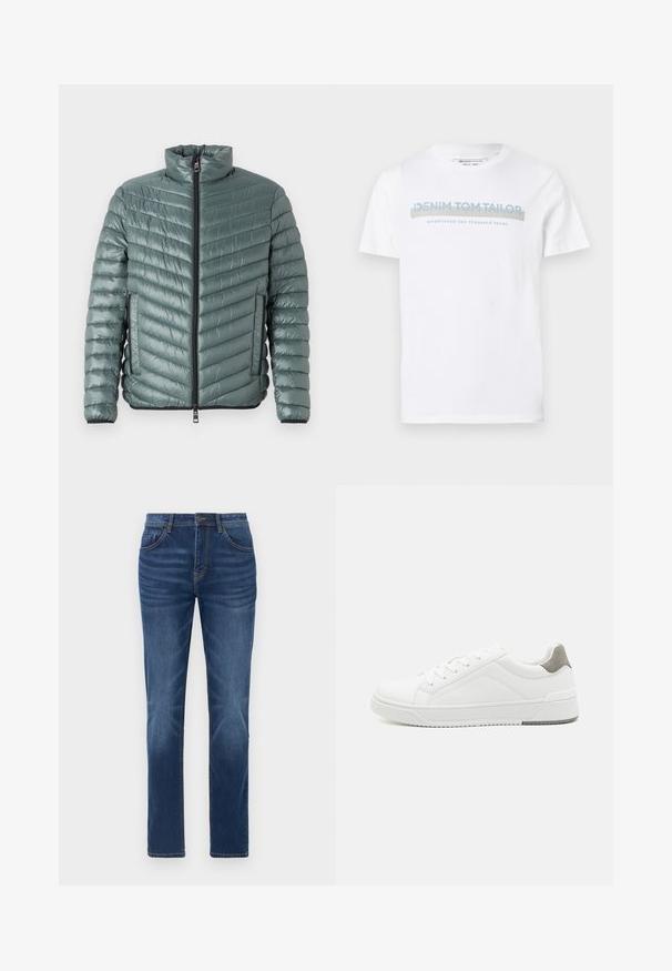 TOM TAILOR LIGHTWEIGHT JACKET - Jas - washed jasper green; Witte katoenen T-shirt met een ronde hals, korte mouwen en een blauw grafisch tekstontwerp met de tekst "DENIM TOM TAILOR opgericht 2007."; Donkerblauwe denim jeans met een klassieke rechte pasvorm, vijfzakkenontwerp en lichte vervaging details op de benen. Voorzien van een knoop- en ritssluiting.; Witte sneaker van glad leer met een ronde neus, minimalistisch ontwerp, grijze hielaccent en een geplaatste rubberen zool.