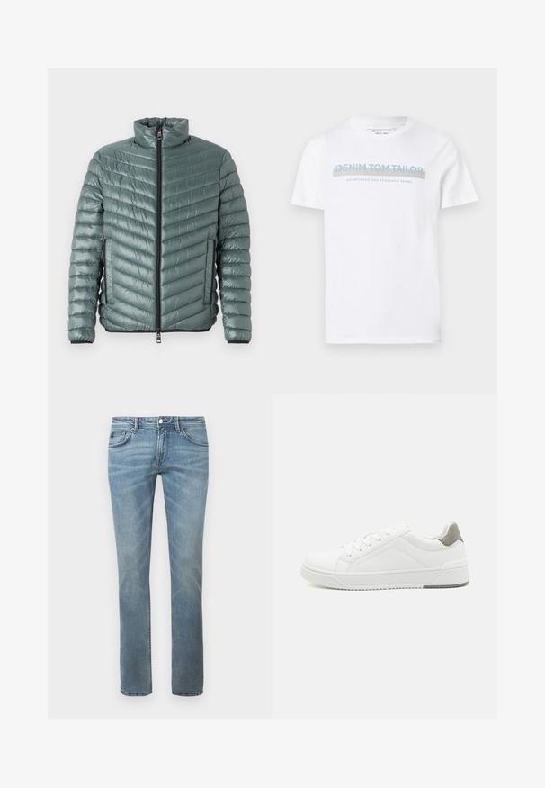 TOM TAILOR LIGHTWEIGHT JACKET - Übergangsjacke - washed jasper green; Weißes Baumwoll-T-Shirt mit Rundhalsausschnitt, kurzen Ärmeln und einem blauen Grafiktext-Design, das "DENIM TOM TAILOR gegründet 2007" lautet.; Helle blaue Jeans mit einem geraden Bein-Design, hergestellt aus Denim. Merkmale umfassen Standardtaschen, Gürtelschlaufen und dezente Verblassung.; Weißer Sneaker aus glattem Leder, runde Zehenpartie, minimalistisches Design, graue Fersenkante und strukturierte Gummisohle.
