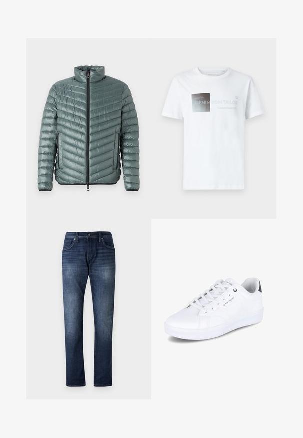 TOM TAILOR LIGHTWEIGHT JACKET - Ελαφρύ μπουφάν - washed jasper green; Λευκό κοντομάνικο μπλουζάκι από βαμβάκι με μαύρο και γκρι γραφικό σχέδιο που περιλαμβάνει κείμενο. Στρογγυλή λαιμόκοψη, χαλαρός σφιχτικός σχεδιασμός, απαλή υφή.; Σκούρα μπλε τζιν παντελόνια με ευθεία γραμμή, διαθέτοντας ξεθωριασμένο φινίρισμα, πέντε τσέπες και ορατές λεπτομέρειες ραφής κατά μήκος των ραφών.; Λευκό αθλητικό παπούτσι, λείο συνθετικό υλικό, χαμηλός σχεδιασμός, στρογγυλή μύτη, έξι τρύπες κορδονιών, λεπτομέρεια λογοτύπου στο πλάι, αντίθετο σκούρο χρώμα στη φτέρνα.