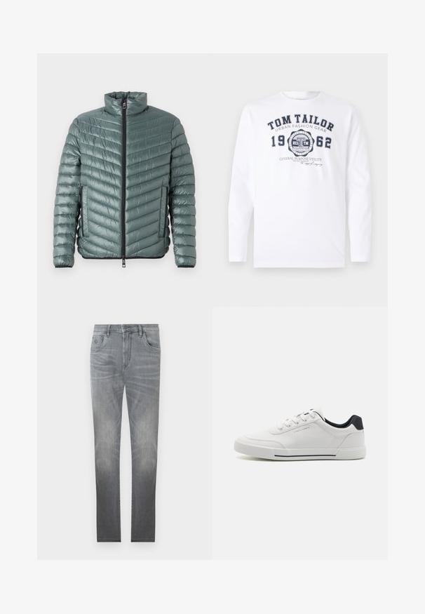 TOM TAILOR LIGHTWEIGHT JACKET - Veste mi-saison - washed jasper green; TOM TAILOR T-shirt à manches longues - white; Jeans en denim gris avec un design délavé, style à cinq poches, fermeture à bouton et coupe droite. Texture lisse avec un léger vieillissement sur les bords.; Baskets blanches avec un dessus en synthétique lisse, bout rond, design à lacets, accent marine sur le talon, et une semelle en caoutchouc texturée avec une bande noire.