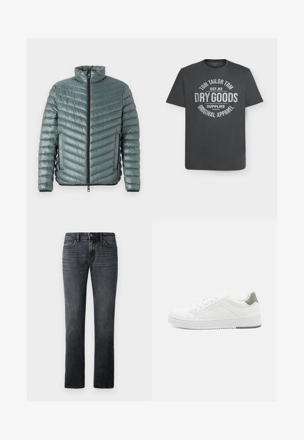 TOM TAILOR LIGHTWEIGHT JACKET - Ελαφρύ μπουφάν - washed jasper green; Σκούρο γκρι κοντομάνικη μπλούζα με λευκό κείμενο που γράφει «Tom Tailor TRM Est. 62 Dry Goods Supplies Original Apparel» στο κέντρο μπροστά.; Σκούρες γκρι τζιν παντελόνες με ευθεία γραμμή, φτιαγμένες από ντένιμ, με κλασικό σχέδιο πέντε τσεπών και κουμπί στη μέση.; Λευκά αθλητικά παπούτσια από λεία δέρμα, με στρογγυλή μύτη, μινιμαλιστικό σχέδιο, γκρι λεπτομέρεια στη φτέρνα και υφασμάτινη αντιολισθητική σόλα.