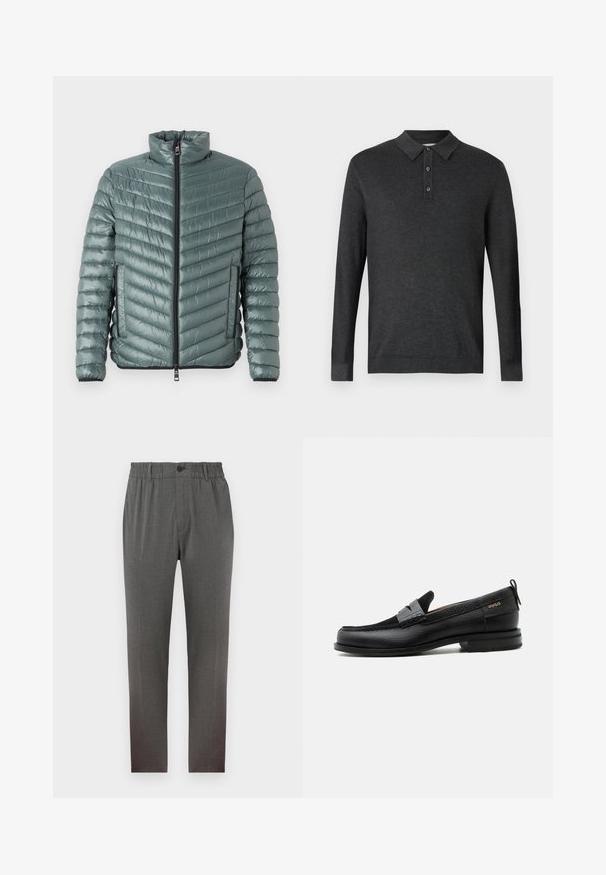 TOM TAILOR LIGHTWEIGHT JACKET - Jas - washed jasper green; TOM TAILOR COSY - Poloshirt - black grey; Grijze broek met een tailor-made design, voorzien van een elastische tailleband, knoopsluiting en rechte pijpen; gemaakt van zachte, gestructureerde stof.; Zwarte leren loafer met grijs riemdetailelement, lage hak en gestructureerde zool, aan de zijkant gebrandmerkt met "HUGO" in goud.