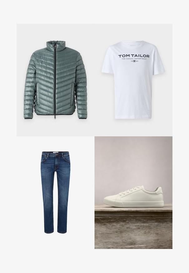 TOM TAILOR LIGHTWEIGHT JACKET - Chaqueta de entretiempo - washed jasper green; Camiseta de algodón blanca con cuello redondo, mangas cortas y texto en color marino que dice "TOM TAILOR THE CASUAL DEPARTMENT 1962."; Vaqueros de mezclilla en azul oscuro con un diseño de pierna recta, estilo de cinco bolsillos y costura en contraste. Cintura estándar con cierre de botón.; Zapatilla blanca con cordones flotando sobre un banco de madera con follaje verde al fondo, mostrando el diseño y la textura del zapato.